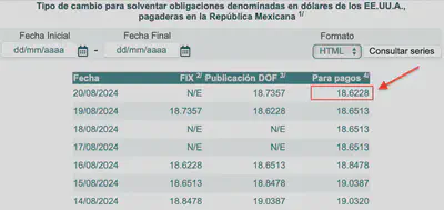 Example Exchange Rate USD to MXN pesos